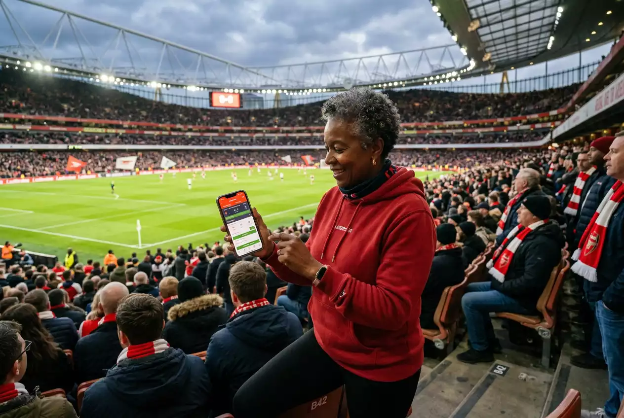 Femme consultant une application de paris sportifs lors d'un match de football